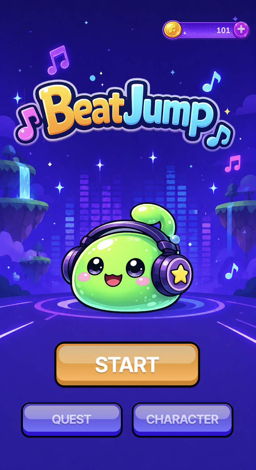 캐릭터가 중앙에 보이는 BeatJump 메인 게임 화면